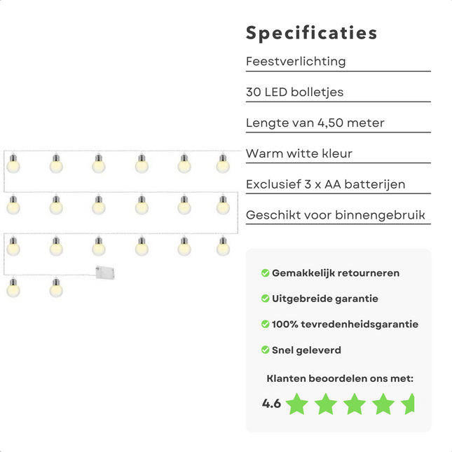 Cheqo® Feestverlichting - Tuinverlichting - Sfeerverlichting - Lichtsnoer - 30 LED Bolletjes - 4.50m - Warm wit - 3x AA Batterijen - 30cm Aansluitsnoer - 15cm Afstand - Geschikt Voor Binnen & Buiten - Ø 4cm Lampjes - Waterdicht - Lange Levensduur Lichtsnoeren
