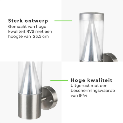 Cheqo® LED Wandlamp - RVS - Stijlvolle Buitenlamp - Tuinlamp - 3W - IP44 - 23.5cm - 220-240V - Zonder Stekker Wandlamp