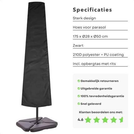 Cheqo® Afdekhoes Parasol - Parasolhoes Staande Parasol - Beschermt tegen Regen, Zon, Vorst, Vuil & Bladeren - 210d Polyester + PU Coating - 175xØ28xØ50cm - Incl. Opbergzak met Rits - Zwart Tuinmeubelhoezen