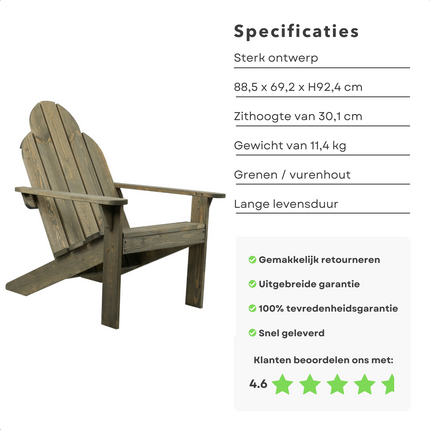 Cheqo® Loungestoel - Tuinstoel - Hout - Grey Wash - Pinewood - 88 x 69 x H92 cm - Stoel voor Tuin & Balkon - Ligstoel - Tuin Stoel - Lange Levensduur Tuinstoel