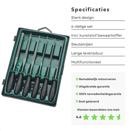 Cheqo® Sleutelvijlen Set - 6 Stuks in Koffer - Vlakstomp - Vlakspits - Halfrond - Rond - Driehoek - Vierkant - Vijlen - Handgereedschap - Vijlenset - Vijl - Precies Vijlwerk - 6-delige Set vijlensets