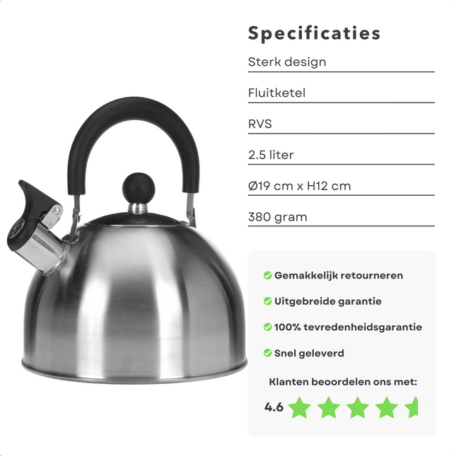 Cheqo® RVS Fluitketel 2.5L - Warmteketel - Waterkoker - 19cm Diameter, 12cm Hoogte - Gas, Elektrisch, Keramisch en Halogeen Fluitketel