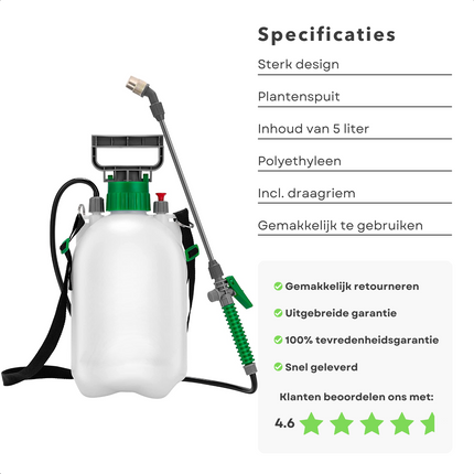 Cheqo® Plantensproeier - Drukspuit - Verstuiver - Druksproeier - Plantenspuit - 5 Liter - Met Handvat - Sproeilans - Verstelbaar Mondstuk - Vergrendelbare Trekker - Veiligheidsventiel - Draagriem - Tuin Besproeien - Onkruid Verdelgen Drukspuit