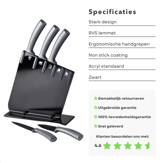 Cheqo® Messenset met Houder - Roestvrijstalen Lemmet - Chefmes - Vleesmes - Broodmes - Multifunctioneel Mes - Schilmes Messenset Keukenmessen