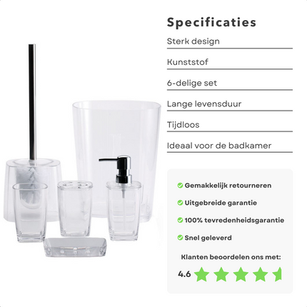 Cheqo® Badkamer Set 6 Delig - Badset - Kunststof - Beker, Zeepbakje, Zeep Dispenser, Tandenborstelhouder, Toiletborstelset, Afvalbak - Badkamer Accessoires Badset