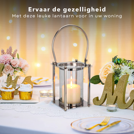 Cheqo® Luxe Ronde Lantaarn - Kaarsenhouder - Zilverkleurig - 24/44cm - 16x16cm - Zonder Kaars Tuinlantaarns