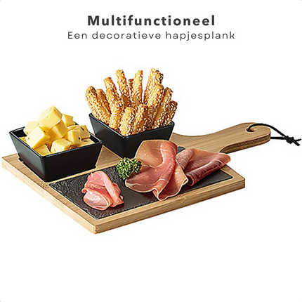 Cheqo® Tapas Plank - 4 delige set - 2 Kommen 9x9x5cm - Leisteen - 10x20cm - 1 Bamboe Serveerplank 20x30cm - Anti Slip Voetjes - Borrelplank - Serveerplank - Tapasplank Serveerplanken