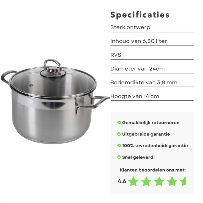 Cheqo® Kookpan 24 cm - 6.3 liter - RVS - Met Glazen Deksel - Stoomgat - Voor Alle Warmtebronnen - Inductie - Vaatwasserbestendig - PFAS Vrij - RVS Pan - Gelijkmatige Warmteverdeling - Lange Levensduur - Voor Grote Maaltijden Kookpannen