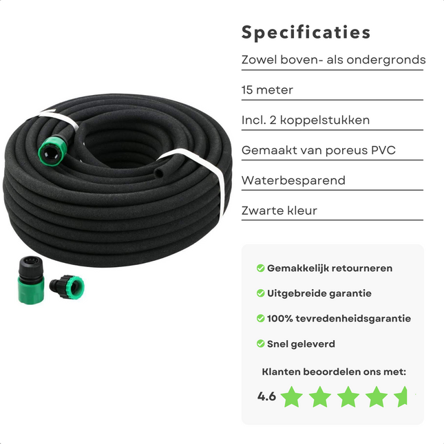 Cheqo® Flexibele Hydraterende Druppelslang 15m - Druppelslang - Druppelsystemen - Zweetslang - Bewatering - Bewateringssysteem - Druppelsysteem - Irrigatie set - Sproeislang - Waterbesparend - Met 2 Koppelstukken - Boven- & Ondergronds Gebruik Druppelsysteem