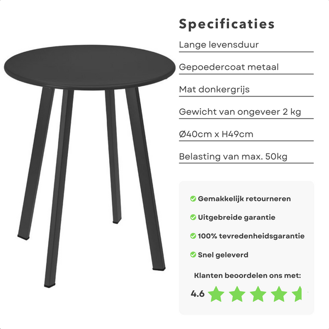 Cheqo® Tafel - Bijzettafel - Metaal (Gepoedercoat) - Mat Donker Grijs - 40cm Diameter - 49cm Hoogte - Max. 50kg Draagvermogen Bijzettafel