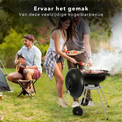 Cheqo® Kogelbarbecue - Ø46 cm - Ronde Metalen BBQ - Voor Houtskool & Briketten - 2 Grote Wielen - Verchroomd Voorraadschap - Kookhoogte 78cm - Opvangplaat - Gewicht 5kg - GS/TÜV Keuring - Barbecue BBQ