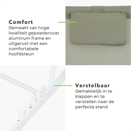 Cheqo® Ligstoel - Opvouwbare Tuinstoel - Strandstoel Opvouwbaar - Campingstoel - Wit Aluminium Frame - Groen Doek - Inklapbaar - Verstelbaar - 101x61x91cm - Gewicht 3.8kg Campingstoel