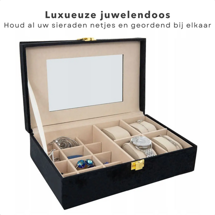 Cheqo® Sieradendoos - Juwelendoos - 25x16x7cm - Sieraden Organiser - Horlogebox - Horloge Doos - Zwart - Velvet - 16 Compartimenten - 12 Oorbellen/Ringen - 4 Armbanden/Horloges - Goudkleurige Sluiting Sieradendoos