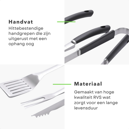 Cheqo® BBQ Gereedschapset - Barbecueset - BBQ Grill Accessoires Set - Tang, Spatel & Vork - BBQ Tang - BBQ Spatel - BBQ Vork - Gemaakt van RVS - 395mm, 425mm & 420mm Barbecuegerei-sets