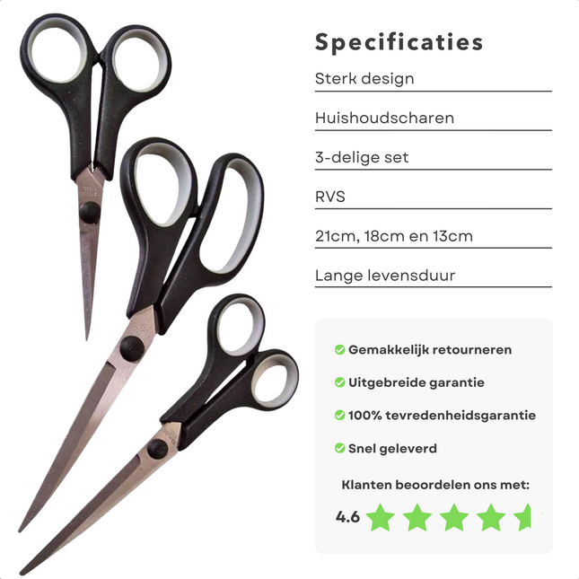 Cheqo® Set 3-delige Huishoudscharen - Scharen Set - Scharenset - Keukenschaar - Roestvrijstaal - 21cm, 18cm & 13cm - Softgrip Handgrepen - Ideaal als Hobbyscharen Scharen
