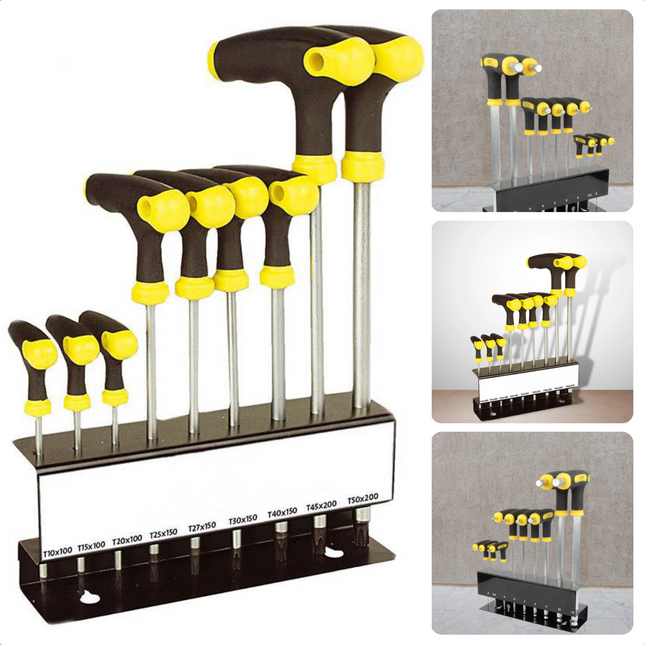 Cheqo® Torx T-Grepenset - 2-Componenten Grepen - Extra Geharde Magnetische Kop - Mat Verchroomd Vanadium Staal - Inclusief Metalen Rek - Handgereedschap - Schroevendraaierset - Gereedschapset Schroevendraaiers