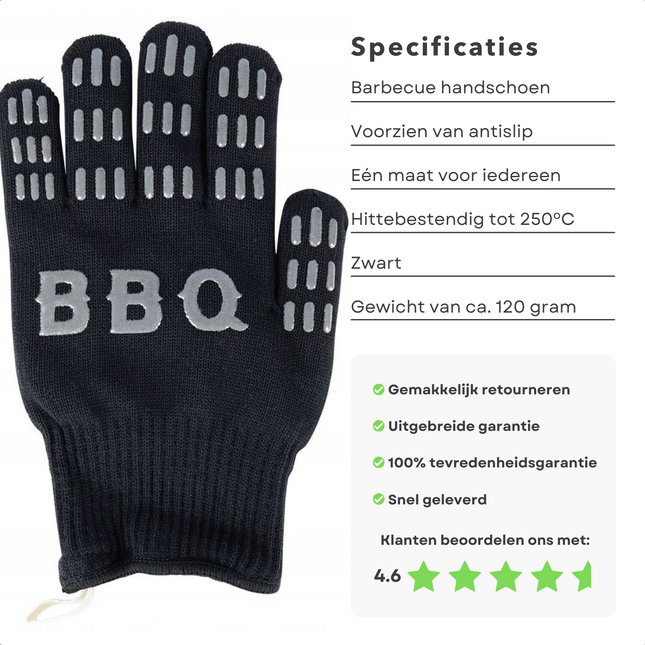 Cheqo® Barbecue Handschoen - Ovenhandschoenen - Ovenwanten - Antislip - One Size - Hittebestendig tot 250ºC - BBQ Handschoen - Links & Rechtshandig - Zwart - 120g Ovenwanten