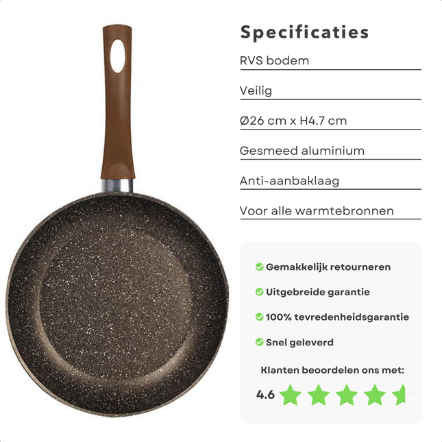 Cheqo® Koekenpan - Bakpan - Ø26cm - 4,7cm - PFOA-vrij - Duurzaam - Champagne - Gas, Inductie, Elektrisch, Keramisch, Halogeen Koekenpan
