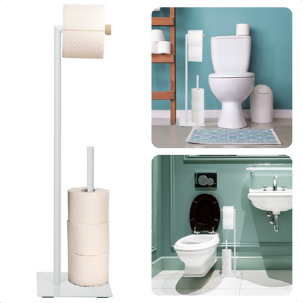 Cheqo® Toiletbutler - Toiletrolhouder - Rollenhouder - Standaard van Metaal en Houten Afwerking - 21,5 x 20 x 71 cm - Eenvoudig in Elkaar te Zetten Toiletbutler