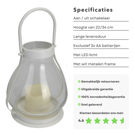 Cheqo® Lantaarn met LED-kaars - Tafel Lantaarn - Tafellamp - Glazen lantaarn met metalen frame - Aan/Uit schakelaar - 22/34cm hoog - 18cm diameter glas - Op Batterijen Lantaarn
