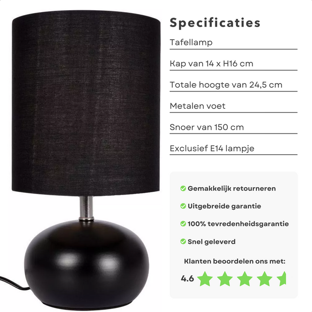 Cheqo® Tafellamp - Lamp - Nachtkastje Lamp - 24 cm - Zwart - Metalen Basis - Aan/Uit Schakelaar - 150 cm Snoer - IP20 - E14 Gloeilamp Tafellamp