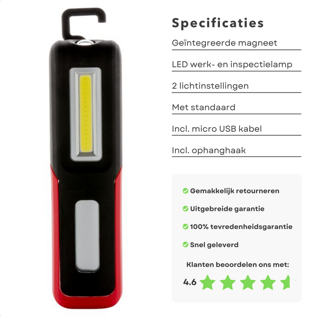 Cheqo® Werk & Inspectie LED Lamp - Bouwlamp Oplaadbaar - Draagbare Werklamp - Tentlamp - USB-Oplaadbaar - 150 Lumen - COB LED-Licht - In- & Uitklapbare Standaard - Magneet en Ophangen - 16x4x2cm - 2014/30/EU Normering Bouwlamp