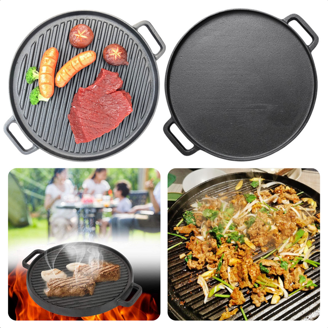 Cheqo® Barbecue Plancha Pan - BBQ Grillplaat - Grillpan - Gietijzer - ø30cm x h2cm - 2 Handvaten - 3,2kg - Ideaal voor BBQ Barbecuepannen