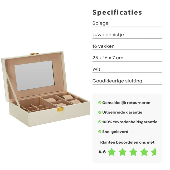 Cheqo® Sieradendoos - Juwelendoos - 25x16x7cm - Sieraden Organiser - Horlogebox - Horloge Doos - Wit - Velvet - 16 Compartimenten - 12 Oorbellen/Ringen - 4 Armbanden/Horloges - Goudkleurige Sluiting Sieradendoos