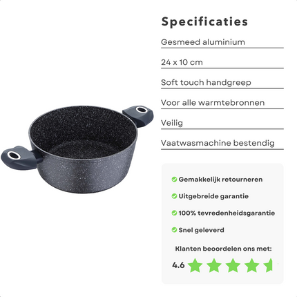 Cheqo® Braadpan - Casserolepan - 24cm - Alle Warmtebronnen - Ook voor Inductie - Vervaardigd uit gesmeed aluminium - 4-laags marmer coating - Soft Touch handgrepen - PFOA-vrij - Vaatwasmachine bestendig Braadpan