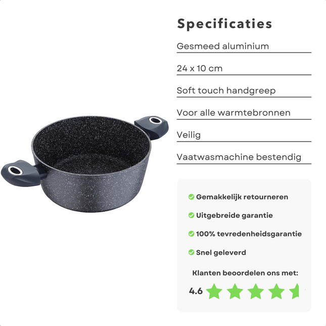 Cheqo® Braadpan - Casserolepan - 24cm - Alle Warmtebronnen - Ook voor Inductie - Vervaardigd uit gesmeed aluminium - 4-laags marmer coating - Soft Touch handgrepen - PFOA-vrij - Vaatwasmachine bestendig Braadpan