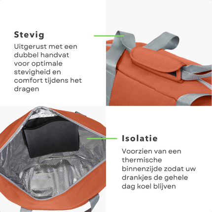 Cheqo® Geïsoleerde Koeltas - 22,3 liter - Oranje - Isolerend - Thermische Binnenkant - Dubbel Handvat - Rits - 18,5 x 18 cm - Verstevigde Bodem - Voor Picknick & Boodschappen Koeltas