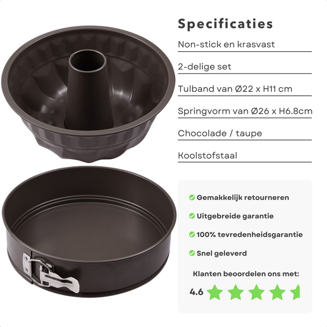 Cheqo® Bakvormen Set - 2 Stuks - Koolstofstaal - Non-stick - Krasvast - Chocolade/Taupe - Tulbandvorm (ø22x11cm) - Springvorm (ø26x6,8cm) - Taartvorm - Cakevorm Bakvormen