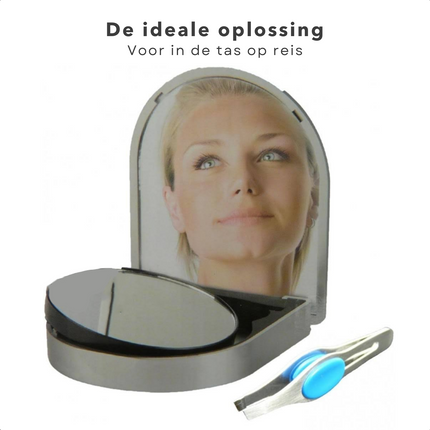 Cheqo® Reisetui met Spiegel & Pincet - Make Up Spiegel - Handige Set voor in de Tas op Reis - 5x Vergrotende Spiegel met Zuignap (8,5cm) en Pincet (8cm) Make-up spiegels
