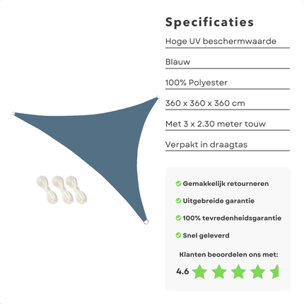 Cheqo® Schaduwdoek Driehoek - Blauw - Waterafstotend - Polyester 100% - Compleet met Touw - Verpakt in Afsluitbare Draagzak - 360x360x360cm Schaduwdoek
