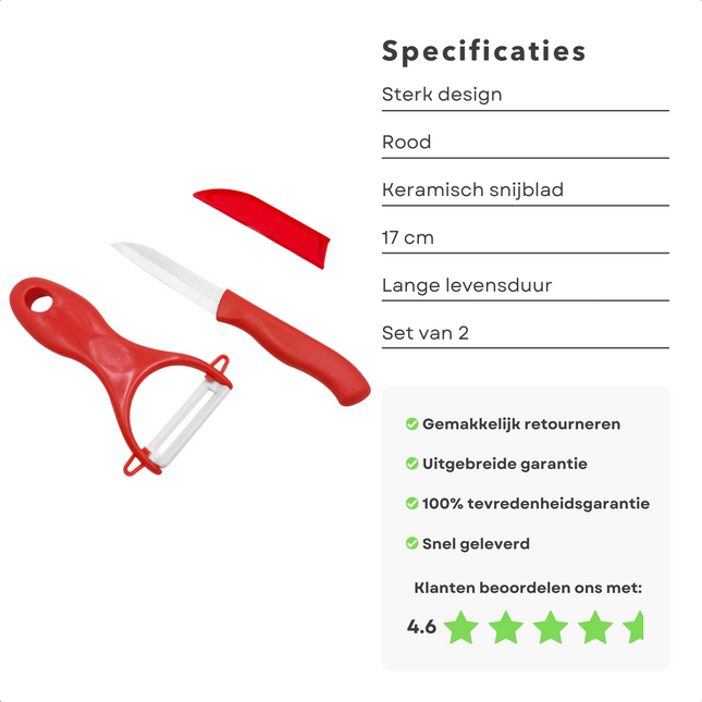 Cheqo® - Keramische Schilmessen Set - 17cm - Dunschiller - Rood - Keramisch Mes - 2-delige Set - Ergonomische Handgreep - RVS - Vaatwasserbestendig - Inclusief Beschermhoesje - Veilig - Schilmes - Roestbestendig - Aardappelschiller Schilmes