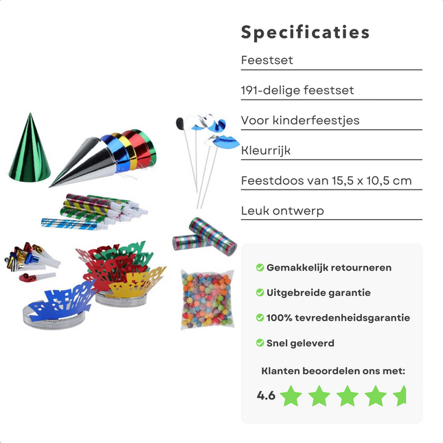 Cheqo® 191-delige Partyset voor Kinderfeestjes - Verjaardag - Decoratie - Versiering - 10 Feesthoedjes - Ballonnen - Slingers - 5 Happy Birthday Hoofdbanden - Toeters - Feest Set - Partybox - Feestpakket - Verjaardagsfeest feestpakketten