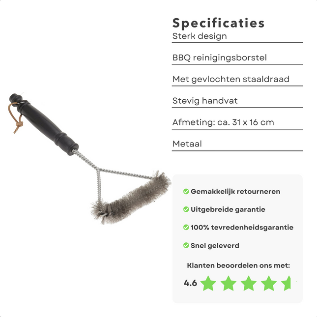 Cheqo® BBQ Borstel - Barbecue Schoonmaakborstel - Reinigingsborstel Grill - Staalborstel - Gevlochten Staaldraad - Stevige Handgreep - 31x16cm Barbecueborstel