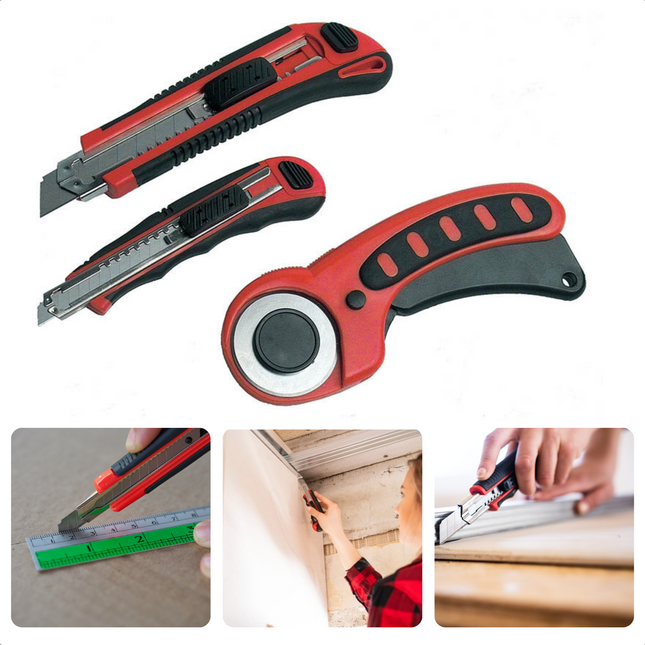 Cheqo® 3-Delige Universele Hobbymessen Set - Stanleymes Set - 9mm & 18mm Afbreekmes, Rondsnijmes - Softgrip, Zelfsluitend, Vergrendeling - Ideaal voor Behang, Zachte & Flexibele Materialen Stanleymessen