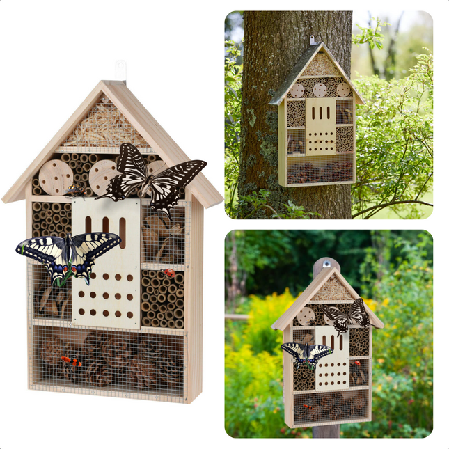 Cheqo® Vlinderhuis - Wespenhotel - Bijenhuis - Insectenhotel - 35x10x51cm - Natuurlijke Kleuren - Bijen, Vlinders, Kevers & Lieveheersbeestjes - Dennenhout - Gevuld met Natuurlijke Materialen - Tuin, Balkon & Terras - Ophangoog - 2kg Insectenhotel