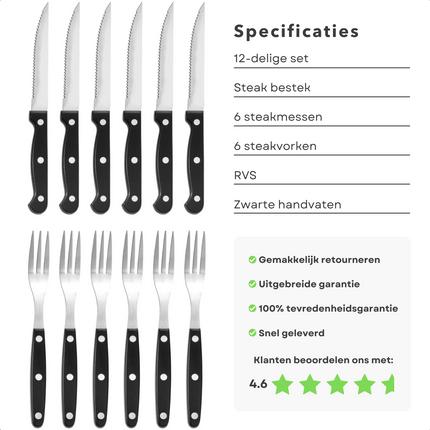 Cheqo® 6 Steakmessen met Steakvorken - Vorken en Messen - Steakset - Steakmes Set - Kartelmes - Kartelmessen - 21cm - 6 Steakvorken - 19cm - 1.2mm - RVS Steakmessen