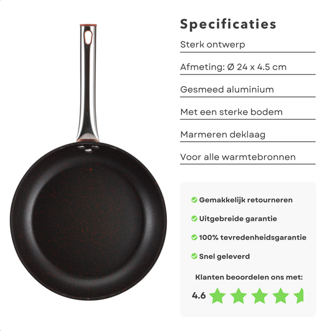 Cheqo® PRO Koekenpan - Bakpan - Ø24 cm - Hoogwaardig Aluminium - RVS Handgreep - Marmeren Deklaag - PFOA-Vrij - Lood-Vrij - Alle Warmtebronnen - Ook voor Inductie Koekenpan