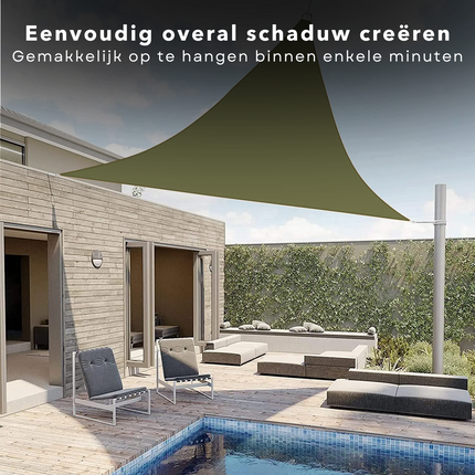Cheqo® Schaduwdoek Driehoek - Olijfgroen - Waterafstotend Polyester 100% - Compleet met Touw - Verpakt in Afsluitbare Draagzak - 360x360x360cm Schaduwdoek