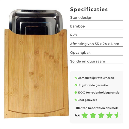 Cheqo® Bamboe Snijplank met Opvangbak - RVS Opvangschaal - Groente Snijden - 33x24x4cm Snijplank