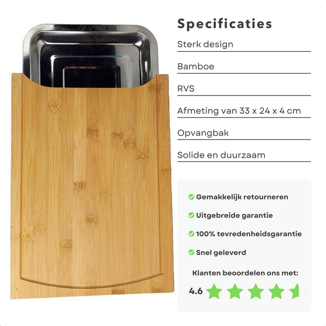 Cheqo® Bamboe Snijplank met Opvangbak - RVS Opvangschaal - Groente Snijden - 33x24x4cm Snijplank
