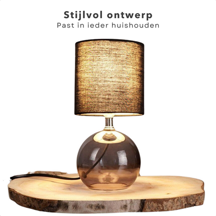 Cheqo® Tafellamp met Zwarte Lampenkap - 24cm - Zwart - Glazen Basis - Nachtkastje Lamp - Aan/Uit-Schakelaar - 150cm Snoer - E14 Tafellamp