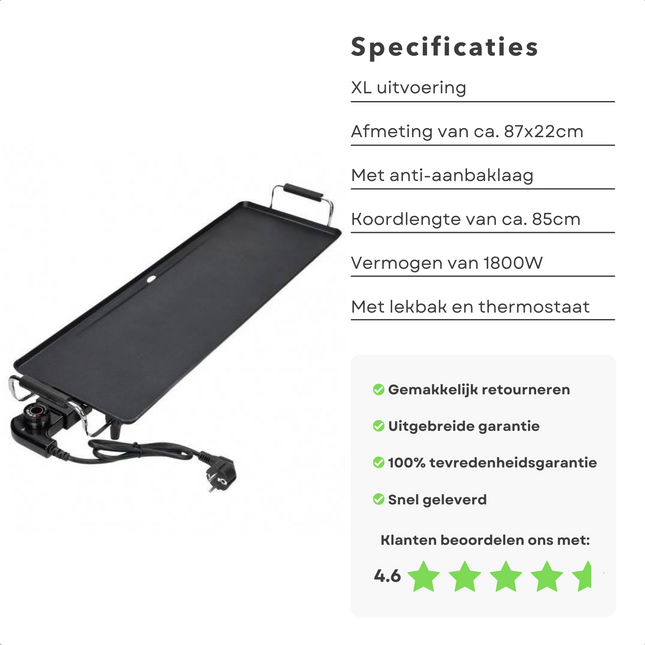 Cheqo® XXL Tafelgrill - Grillplaat - Bakplaat - Teppan Yaki - Teppanyaki - Gourmetten - 87cm - Anti-aanbaklaag - Met Lekbak & Thermostaat - 1800W - 10+ Personen Grillplaten
