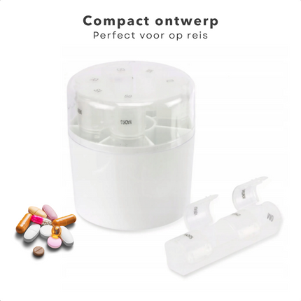 Cheqo® Pillendoos 7-daags - Doos met Medicijnen - Pillen Planner - Medicijndoos - 1-weekse Pillendoos - 7 Verwijderbare Compartimenten - 4 Vakken per Compartiment - Morgen - Middag - Avond - Nacht - Ø8.5cm - Hoogte 9.5cm. Pillendoos