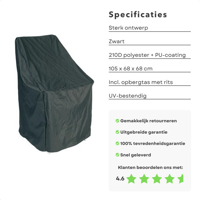 Cheqo® Afdekhoes voor Stapelstoelen - Afdekhoes Tuinset - Tuinset Beschermhoes - Tuinset Hoes - 105x68x68 cm - 210D Polyester + PU Coating - Beschermt tegen Regen, Zon, Vorst, Vuil en Bladeren - Met Opbergzak met Rits - Zwart Tuinmeubelhoezen