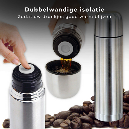 Cheqo® Dubbelwandige RVS Thermosfles met Beker - Isoleerfles - 0.75L - Matte Uitvoering Thermosfles