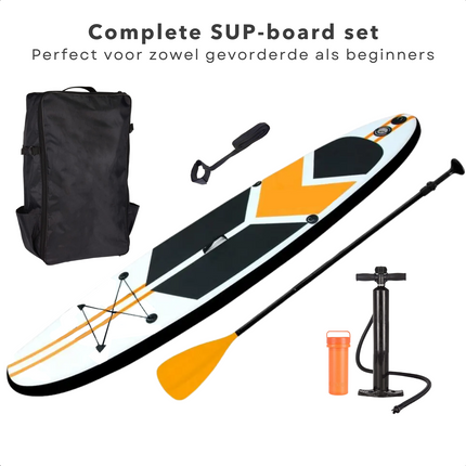 Cheqo® Complete SUP-Set - Opblaasbaar SUP Board - Stand Up Paddle Board - 305x71x10cm - 100kg - Oranje - Ideaal voor Beginnende & Gevorderde Peddelsurfers - Double Layer Drop Stitch - Met Peddel, Rugtas, Pomp & Reparatiekit SUP Board